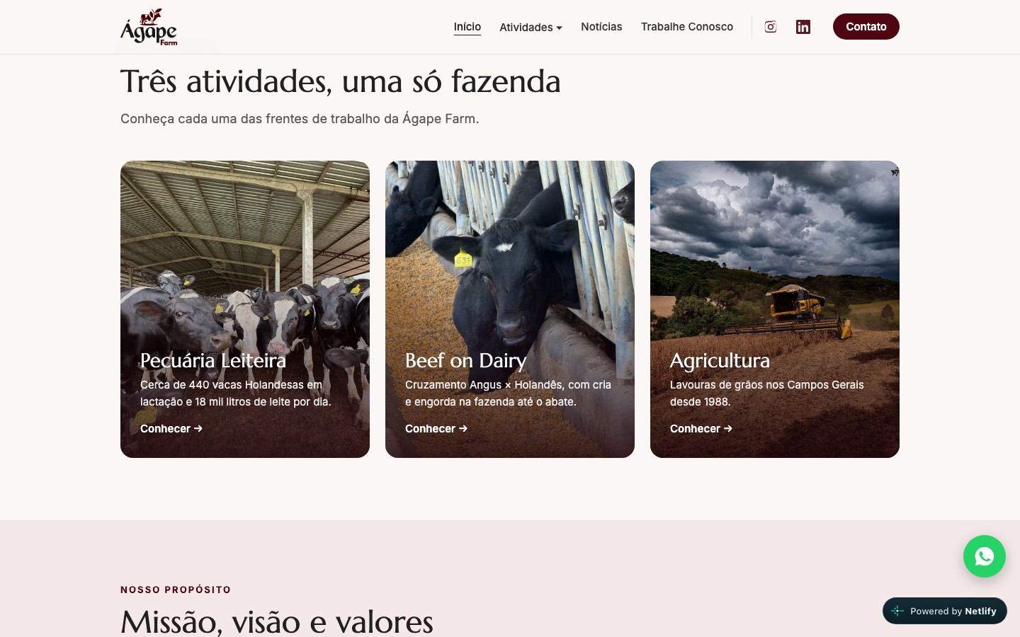 Seção Três atividades, uma só fazenda, com cartões de Pecuária Leiteira, Beef on Dairy e Agricultura.