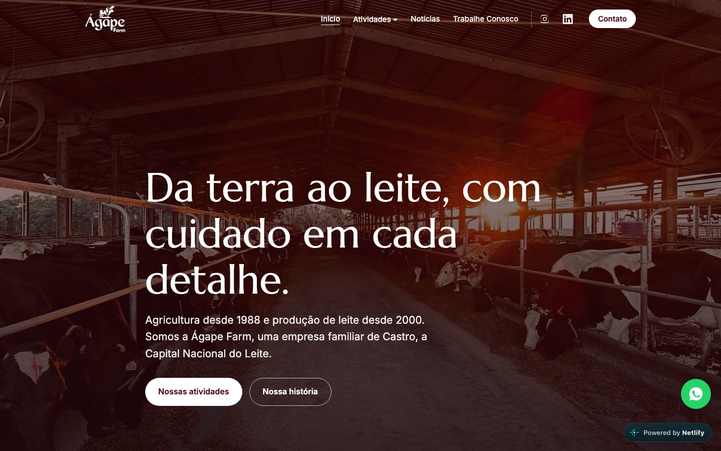 Página inicial do site da Ágape Farm, com o título Da terra ao leite, com cuidado em cada detalhe.