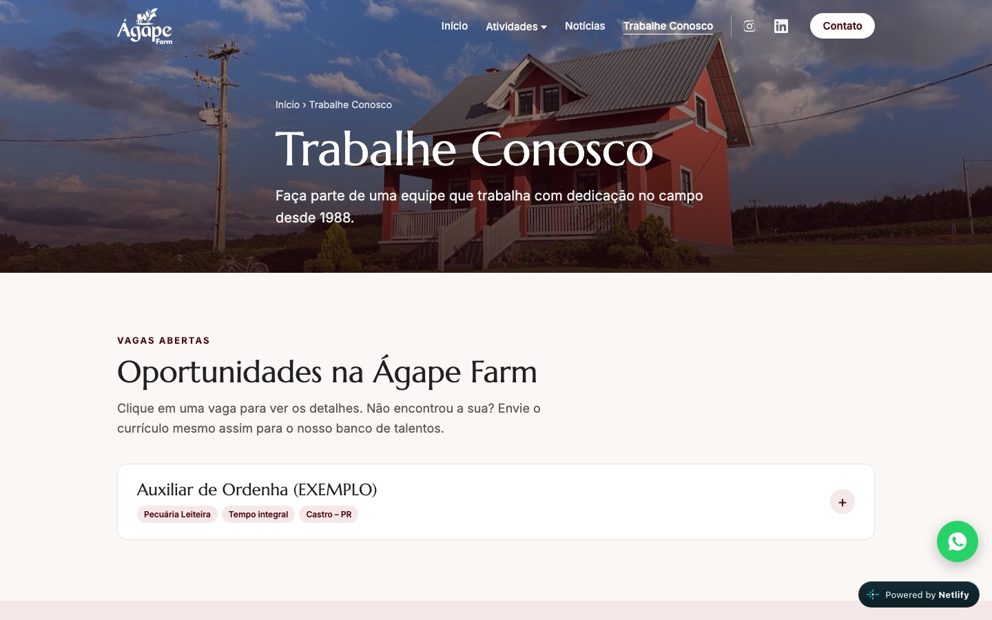 Página Trabalhe Conosco da Ágape Farm, com a lista de vagas abertas.