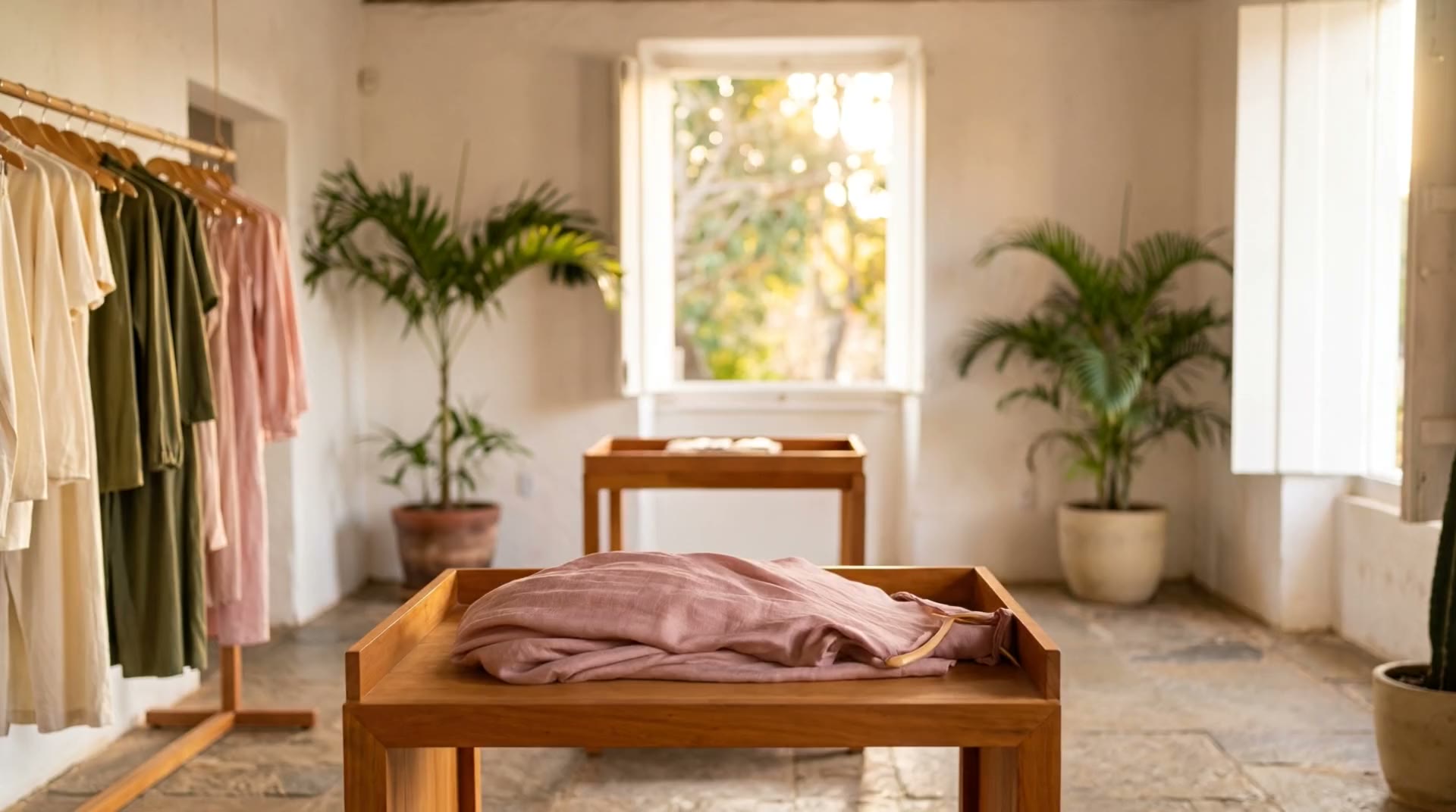 Interior da Casa Ipê com um tecido de linho rosa dobrado sobre a mesa de madeira, à luz do fim de tarde.